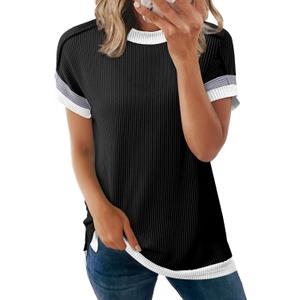 Acelitt Women Casual Short Sleeve Crewneck Loose Color Block Ribbed T Shirts Tops, S-XXL (XX-Large, Black)