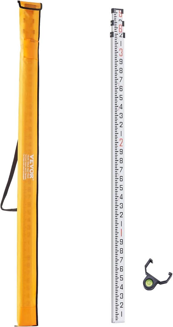 VEVOR Aluminum Grade 18-Feet/10ths 6 Sections Telescopic Measuring Rod, Double-Sided Scale 1/10ft Leveling Rod Stick with Bubble Level & Carrying Bag for Houses, Walls, Floors