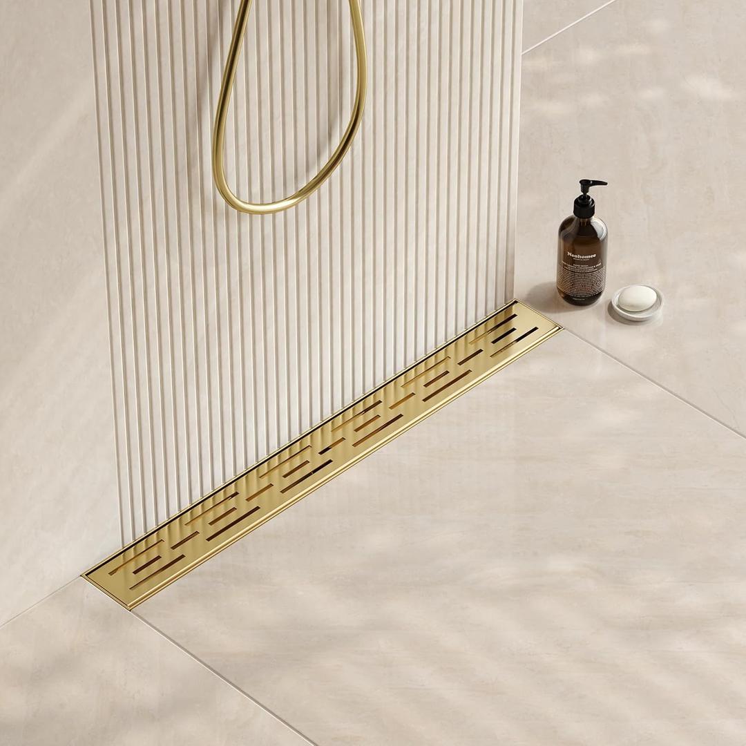 Neodrain 24-in Brushed Brass Rectangular Linear Shower Drain with Brick Pattern Grate, 304 Stainless Steel Bathroom Floor Drain, Gold Linear Drain with Hair Strainer,CUPC Certified