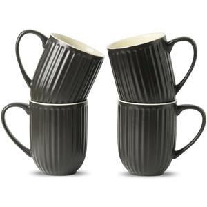 Hasense Coffee Mugs Set of 3. 16 Oz Large Ceramic Ribbed Latte Cups with Big Handle for Coffee, Tea and Cocoa, Modern Design & Light Weight, Microwave & Dishwasher Safe, Black