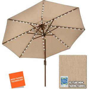 EliteShade USA 10-Year-Non-Fading Solar 9ft Market Umbrella with 80 LED Lights Patio Umbrellas Outdoor Table Umbrella with Ventilation, Heather Beige