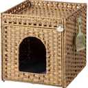 Cat Litter Box Enclosure Furniture, Hidden Litter Box with Mat and Fence, Handwoven Rattan Cat House with Two S-Shaped Hooks for Living Room, Bedroom, 18.5 x 20.5 x 19.1 Inches (Natural)