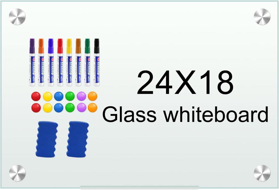 H-Qprobd White Board 24x18 Magnet Dry Erase Boards Frameless Magnetic Glass Whiteboard for Wall, Wall Mounted Whiteboard Includes 12 Magnets, 8 Markers and 2 Erasers