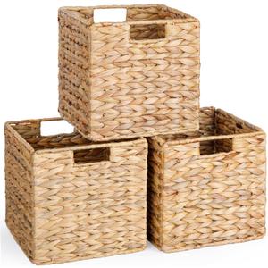 10.5x10.5 Water Hyacinth Storage Baskets, Collapsible Square Wicker Baskets Cube Storage Bins for 11 Inch IKEA Kallax, Set of 3