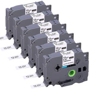 6 x TZE-231 Compatible Label Tape Replacement for Brother TZe-231 TZ-231, Black on White, Compatible for P Touch PT-D200 PT-D210 PTH100 PT-D400, 0.47" x 26.2'(12mm x 8m), 6 Packs