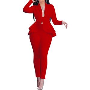 Women's Two Piece Outfits Sets Long Sleeve Deep V Neck Ruffle Pelplum Blazer Slim Fit Bocycon Long Pants Business Suit Set (X-Large, Red)