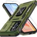 DEERLAMN Case for Samsung Galaxy S25+ Plus 6.7-Inch with Slide Camera Cover+Screen Protector(1 Pack), Rotated Ring Kickstand Military Grade Shockproof Protective Cover-Olive Green