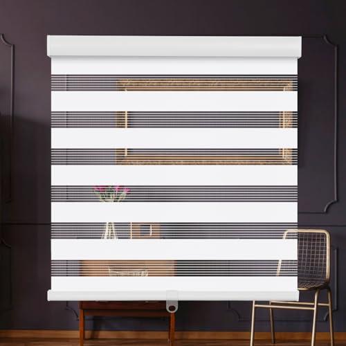 SMONTER Cordless Zebra Blinds for Windows Zebra Roller Shades with Metal Valance Free Stop Dual Layer Sheer Blinds Day Night Privacy Light Filtering, W27 x H72, White