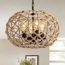 19" Rattan Farmhouse Chandelier Light Fixtures,4-Light Boho Rattan Chandelier for Dining Room Large Hand Woven Pendant Light Hanging Light Fixtures with Fabric Shade for Living Room Bedroom Kitchen