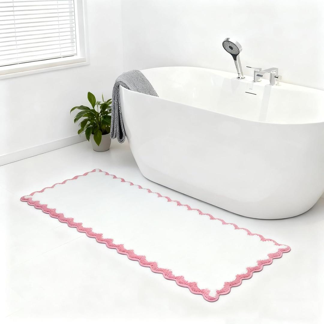 ORTIGIA Long Cute Scalloped Bathroom Rugs Runner, Fun Pink Plush Microfiber Scallop Bath Mats Non Slip Washable Quick Dry Absorbent, Rug Carpet for Bathtub Sink Laundry Room Bedroom, 24x59, 2' X 4'11"