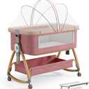 Baby Bassinet, Bedside Bassinet for Baby, 4 in 1 Portable Bassinet Bedside Sleeper with Wheels Mosquito Net & Storage Basket, 6 Height Adjustable Rocking Bassinet for Newborn Baby