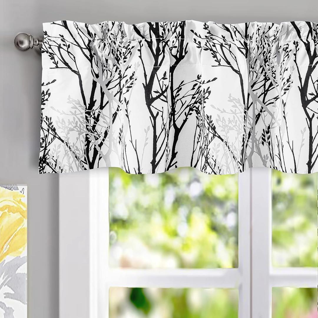 DriftAway Tree Branch Lined Valance Double Layer Blackout Thermal Insulated Abstract Ink Printing Window Curtain Valance Rod Pocket 52 Inch by 14 Inch Plus 2 Inch Header Black White 1 Pack