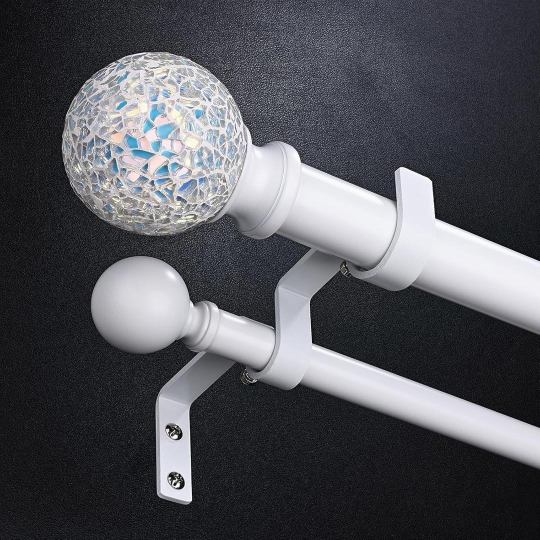 White Double Curtain Rods for Windows, 1 Inch Extra Long Dual Curtain Rod with Decorative Mosaic Colourful Glass Ball Finial, Adjustable Heavy Duty Drapery Rods for 72 to 144 Inch Windows