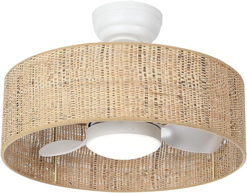 Boho LED Reversible DC Dimmable Ceiling Fan with Light Fixture and Remote Control,Caged Round Cage 3 Blade Small Drum Fandelier for Bedroom Indoor Kitchen Nursery Office Dining Room