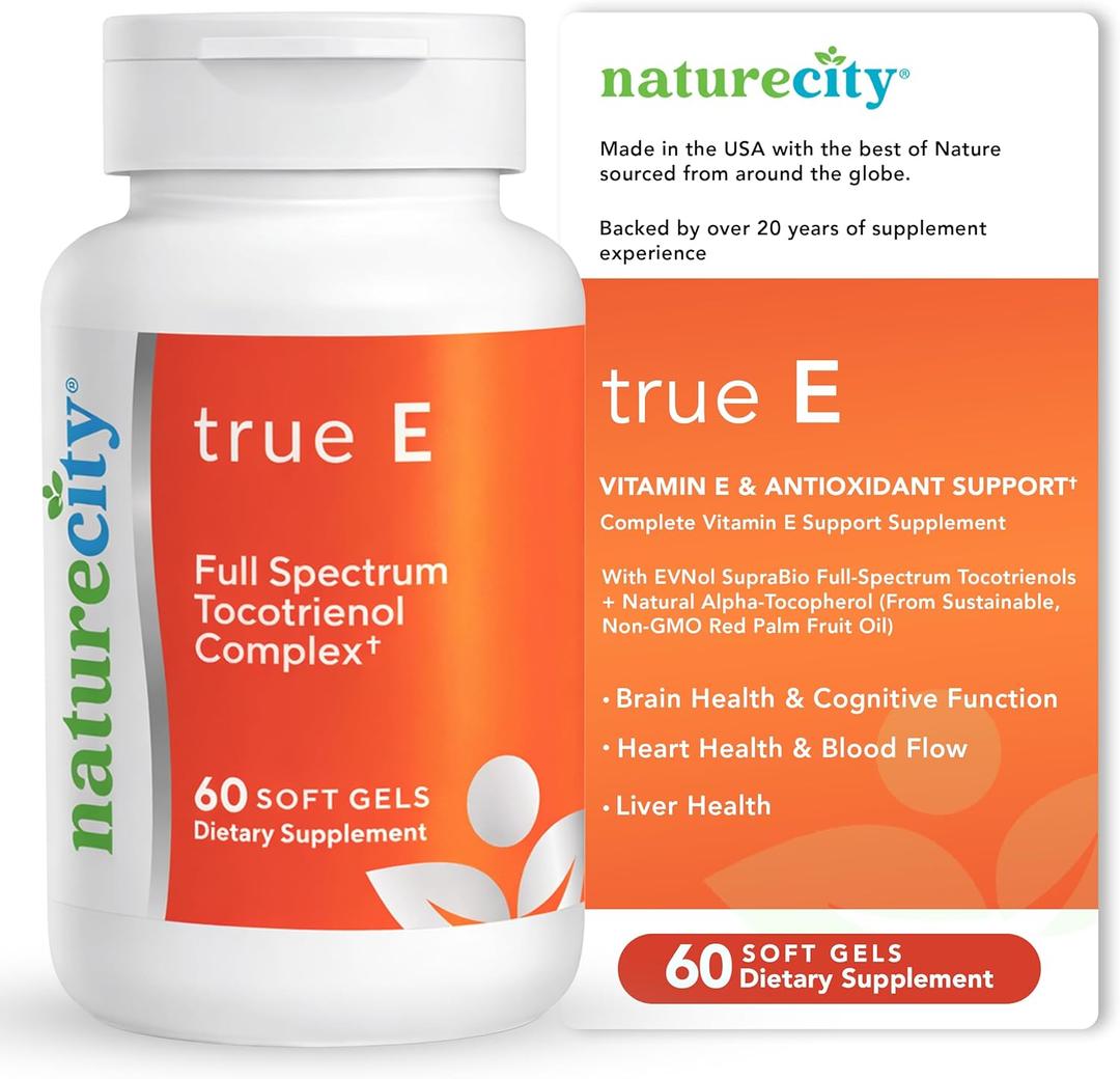 NatureCity True-E Full Spectrum Tocotrienols Vitamin E & Natural Alpha Tocopherol Supplement | Sustainable Vitamin E Tocotrienols from Evnol Suprabio | Non-GMO Vitamin E Complex | 60 Soft gels