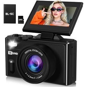 5K Digital Camera,80MP Cameras for Photography with 64GB SD Card,Autofoucs Vlogging Camera for YouTube with 180° Flip Screen,18X Zoom,Anti-Shake Compact Vlog Travel Camera for Beginner,Teens,Black