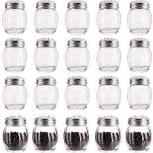 Nicunom 20 Pack 6 Oz Spices Shaker with Perforated Stainless Steel Lid, Swirl Glass Parmesan Cheese Shaker with Slotted Caps, Salt and Pepper Shakers Set, Seasonings Spice Retro Style Dispensers
