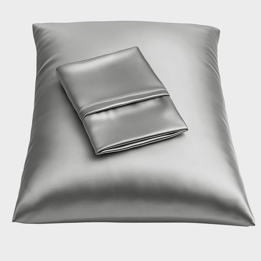 Satin Pillowcase with Zipper, for Hair and Skin Care, Feels Soft and Cool Like a Silk Pillowcase, Satin Pillow Cases 2 Pack, Slik Pillow Cover, Silver Grey, Queen Size, Set of 2