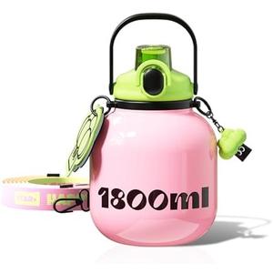 Sidagar 60 oz Big Gallon Water Bottle with Straw and Carry Handle, Pink Wide Mouth Vacuum Insulated Stainless Steel Bottles Easy Carry Tumbler for Women