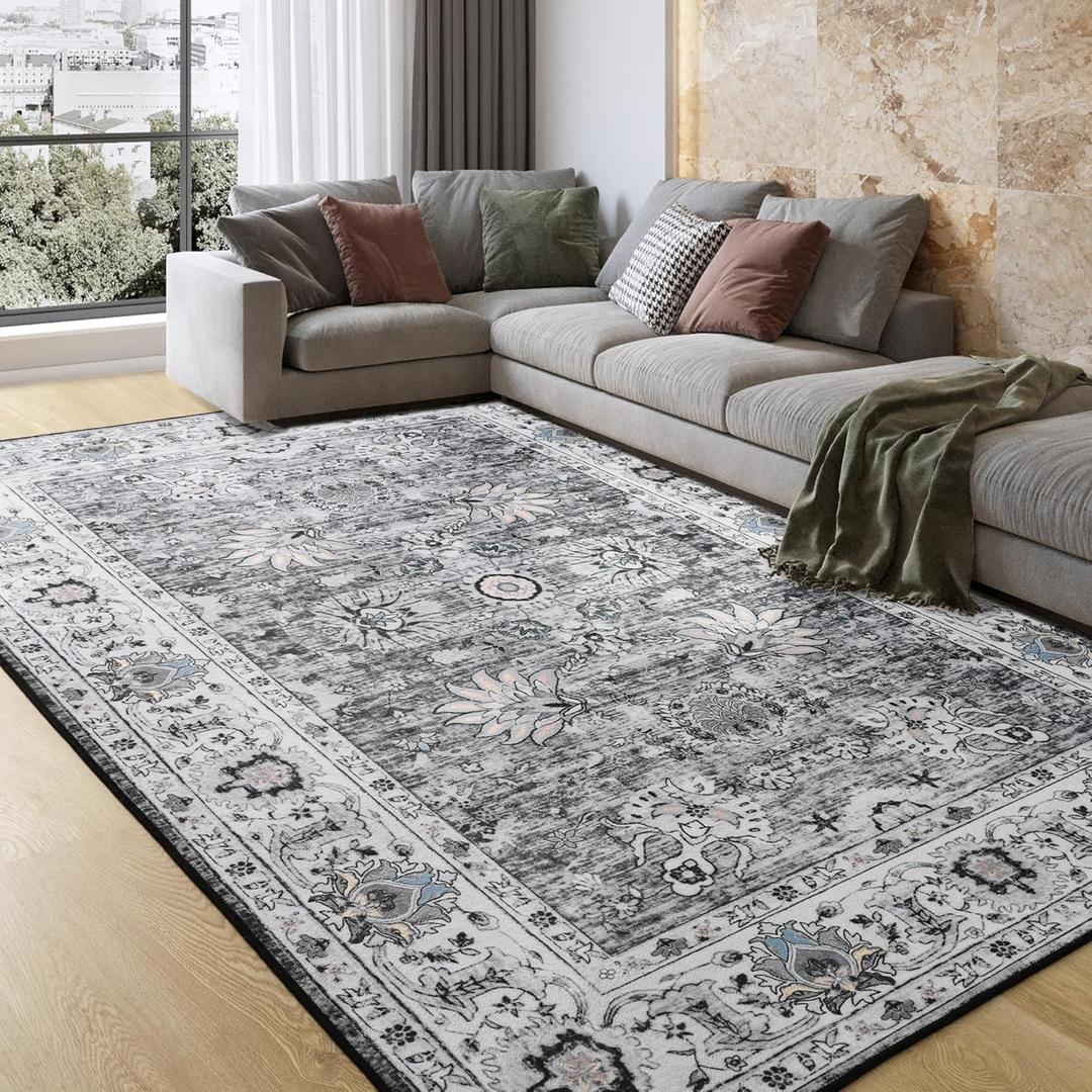 Area Rug 5x7 Washable Rug Grey Boho Rugs for Living Room Bedroom Playroom, Non Slip Low Pile Vintage Rug Floral Print Mat for Dining Room Home Office Rugs
