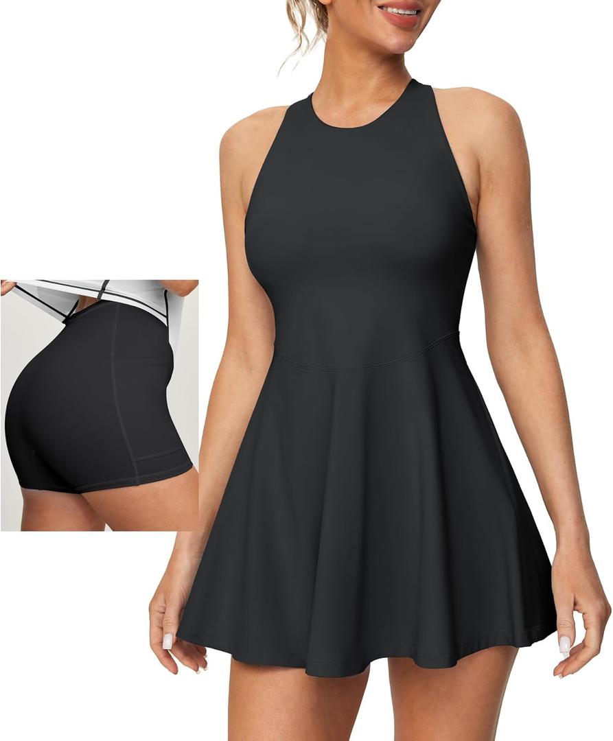 Heathyoga Womens Tennis Dress with Shorts Underneath Athletic Dress for Women Summer Romper Dresses with Pockets Golf Outfits (Large, Black)