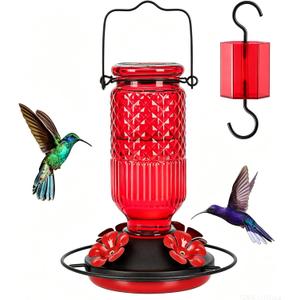 FEED GARDEN Glass Hummingbird Feeder for Outdoors Hanging, 16 oz Leak-Proof Nectar Feeder with Bee Guards & Ant Moat, 4 Metal Flower Feeding Ports, 360° Perch Ring, Easy Refill & Clean, Red
