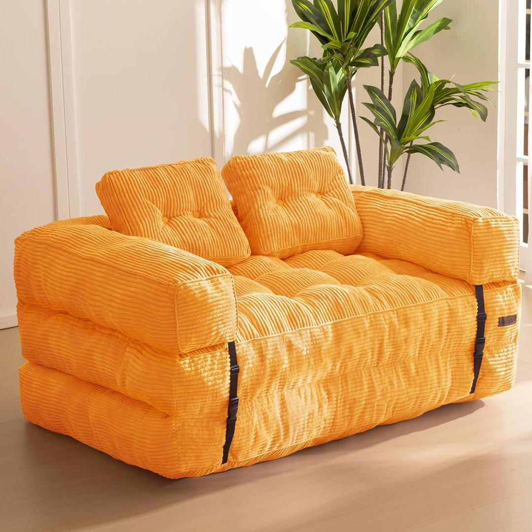 MAXYOYO Folding Sofa Bed, L-Shaped Convertible Sofa Bed with Armrest Foldable Sleeper Couch with Pillow, Portable Fold Out Chair Comfy Floor Couch Lounge for Living Room Bedroom, Orange, Double