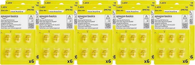 Amazon Basics 60-Pack Hearing Aid Size 10 Zinc-Air Batteries, 1.45 Volt, Yellow Tab, 4-Year Shelf Life, Child-Safe Package