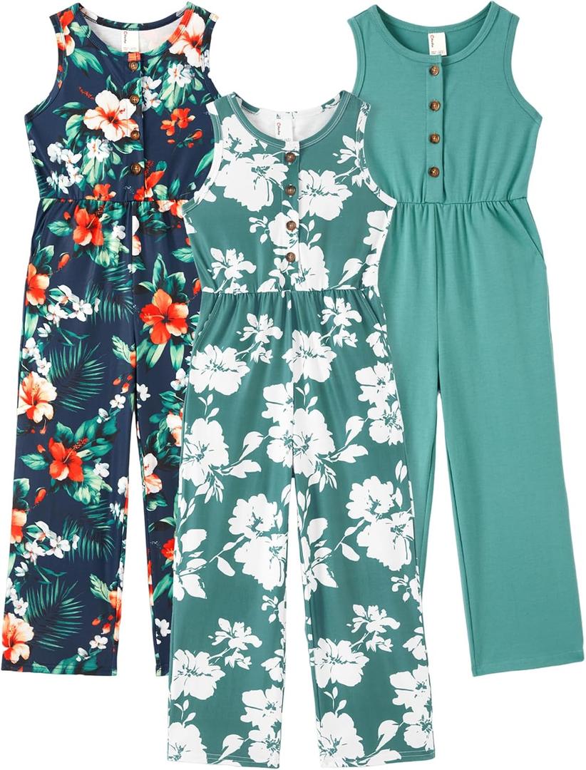 PATPAT 3 Pack Girls Jumpsuits Solid Color Floral Print Button Down Sleeveless Jumpsuits Long Romper Pants with Pockets 13-14Y