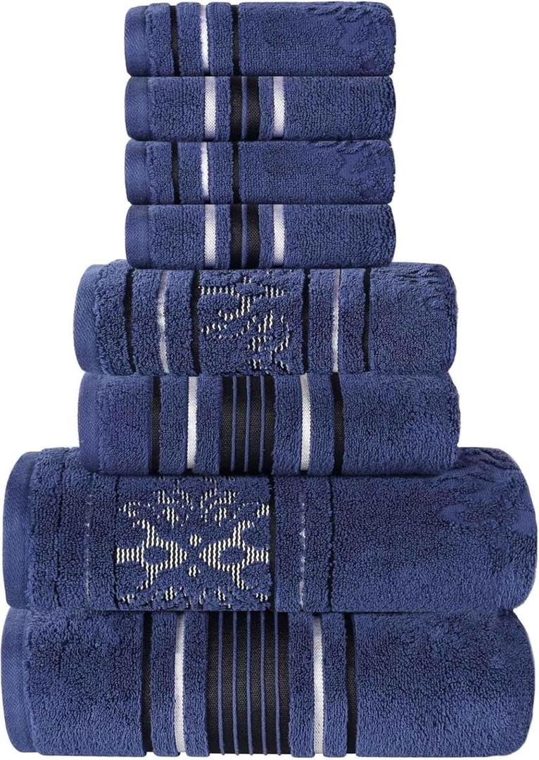 Superior Cotton 8 Piece Assorted Floral Towel Set, Includes 2 Bath, 2 Hand, 4 Washcloth/Face Towels, Quick Dry, Home Essentials, Shower, Spa, Luxury Plush Soft Absorbent Towels, Zero Twist, Navy Blue