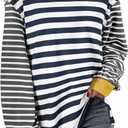BLENCOT Women's Oversized Patchwork T Shirts Fall Long Sleeve Striped Color Block Loose Fit Pullover Tops (M)