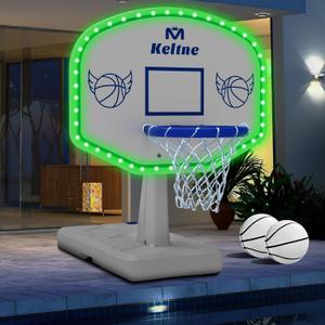 LED Pool Basketball Hoop Poolside, Oversized Water Basketball Hoop with Super Bright Solar Lights, 34"x34"x42.2" Light-Up Swimming Pool Basketball Hoops for Kids Adults, with 2 Balls and Pump.