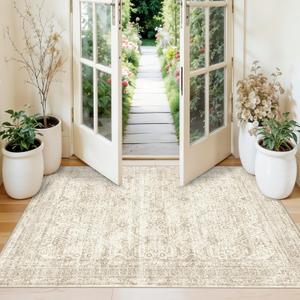 3x4 Rug Entryway Washable: Small Non Slip Front Door Mat with Rubber Backing for Bathroom Kitchen Indoor Entrance, Neutral Boho Low Pile Vintage Area Rug for Bedroom (Beige/Ivory 3ft x 4ft)