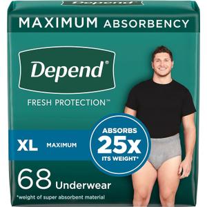 Depend Fresh Protection Adult Incontinence Underwear for Men, Disposable, Maximum, Extra-Large, Grey, 68 Count (2 Packs of 34), Packaging May Vary (X-Large)