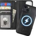 Bocasal for iPhone 13 Wallet Case Compatible with MagSafe Wireless Charging, RFID Blocking Magnetic Leather Case with Card Slots Holder Kickstand Detachable Wrist Strap 6.1 Inch (Black)