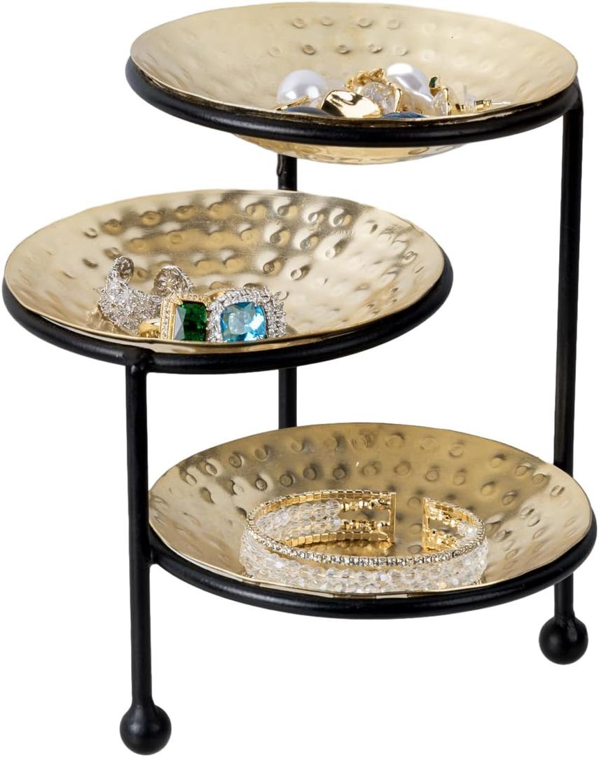 MyGift 3 Tier Jewelry Dish Organizer, 4 Inch Hammered Brass-Plated Metal Dishes and Black Stand, Decorative Ring Tray Jewelry Holder Display Tower for Earrings Necklace Bracelet - Handcrafted in India