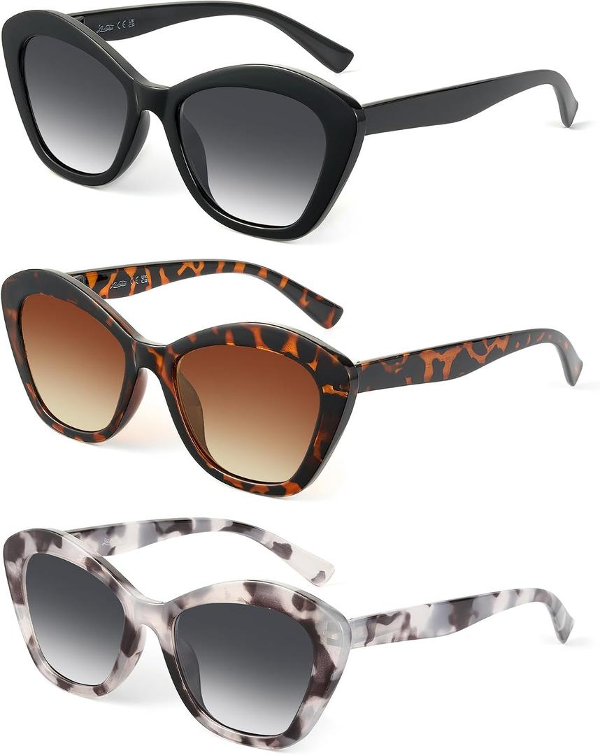 LADEESSE 3 Pack Reader Sunglasses for Women Fashion Cateye Sun Readers Outdoor Reading Glasses UV400 +1.50 Protection