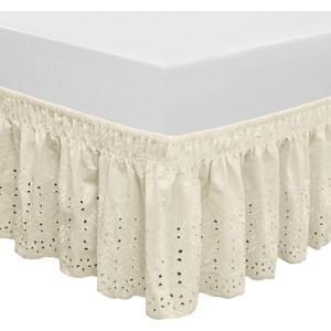 Wrap Around Elastic Eyelet Bed Skirts 14 1/2 Inches Drop Dust Ruffle Three Fabric Sides Easy On/Easy Off Adjustable Polyester Cotton(Ivory Twin/Full)