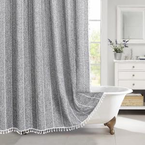 MitoVilla Dark Grey Boho Shower Curtains for Modern Farmhouse Bathroom Decor, Country Thick Polyester Linen Fabric Shower Curtain, Rustic Tassel Cloth Shower Curtain, 72 x 72, Charcoal Grey