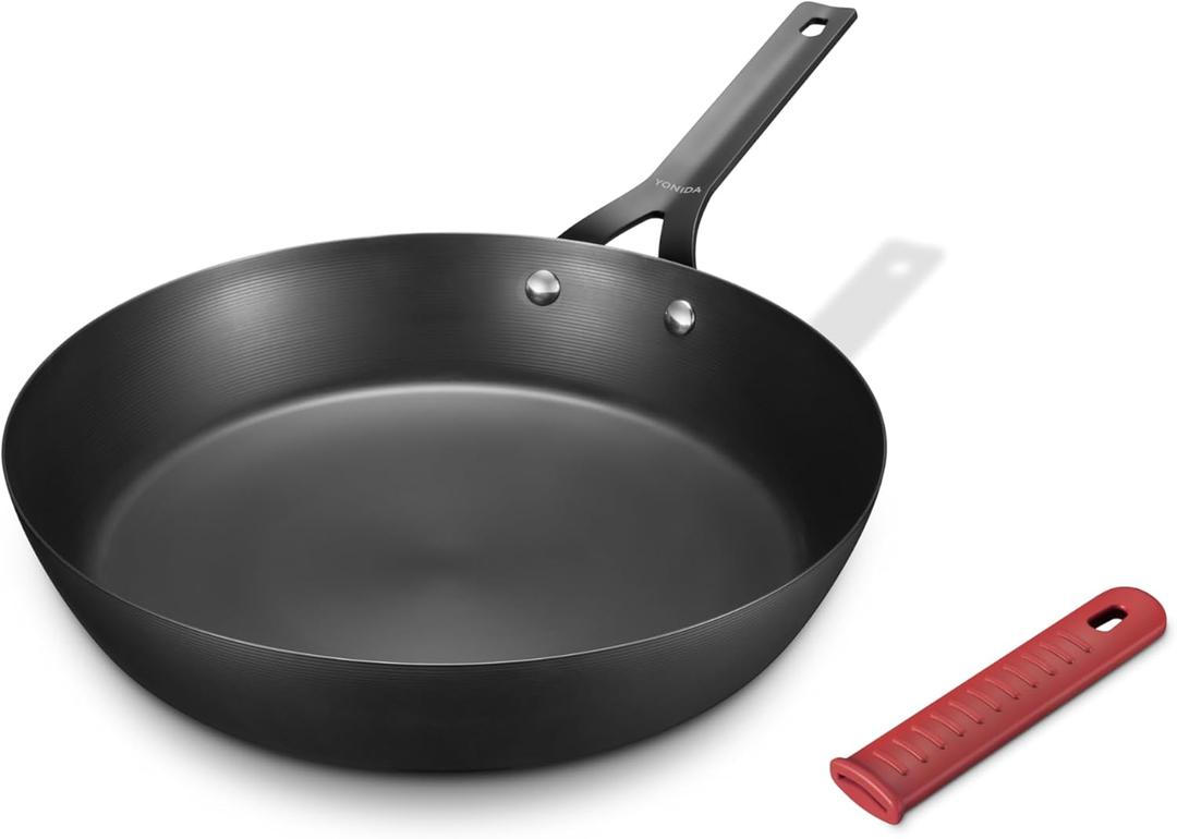 Carbon Steel Pan, 10 Inch Nonstick Frying Pan Skillet, Pre-Seasoned Carbon Steel Cookware with Removable Silicone Handle Holder, Indoor/Outdoor, Induction & Oven Safe
