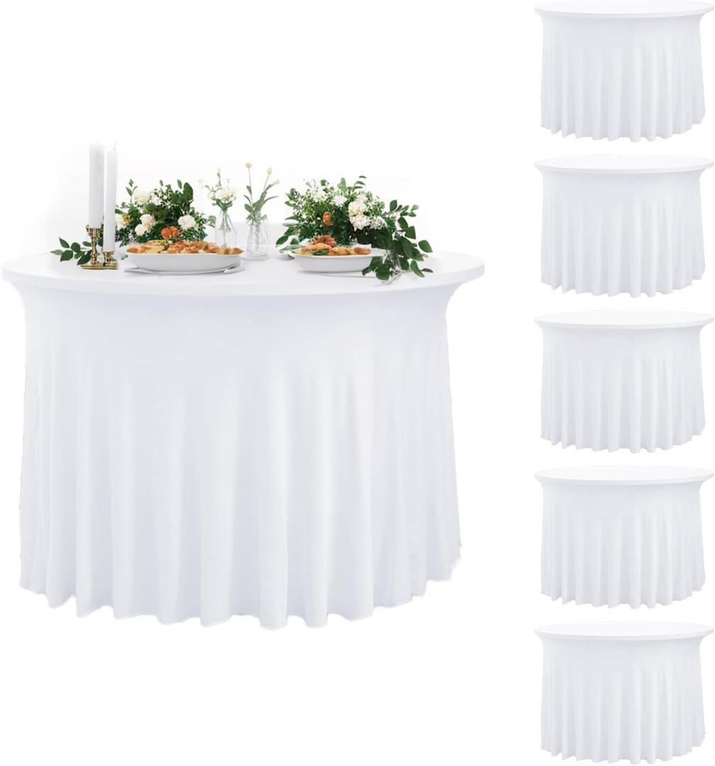 White Round Tablecloth, 5 Pack Stretchy Table Cloth Round Cover for 60 inch Table,Spandex Wrinkle Free 128 Inch Circle Table Covers with Skirt for Wedding Easter Birthday Party Restaurant