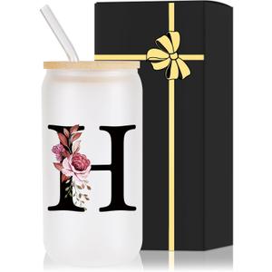 Monogrammed Glass Drinking Cup With Lid Straw Brides for Her Wedding Day Bridal Shower Bachelorette Party Engaged Engagement Cute Personalized Unique Cool Special Customized Best Present Gifts,H