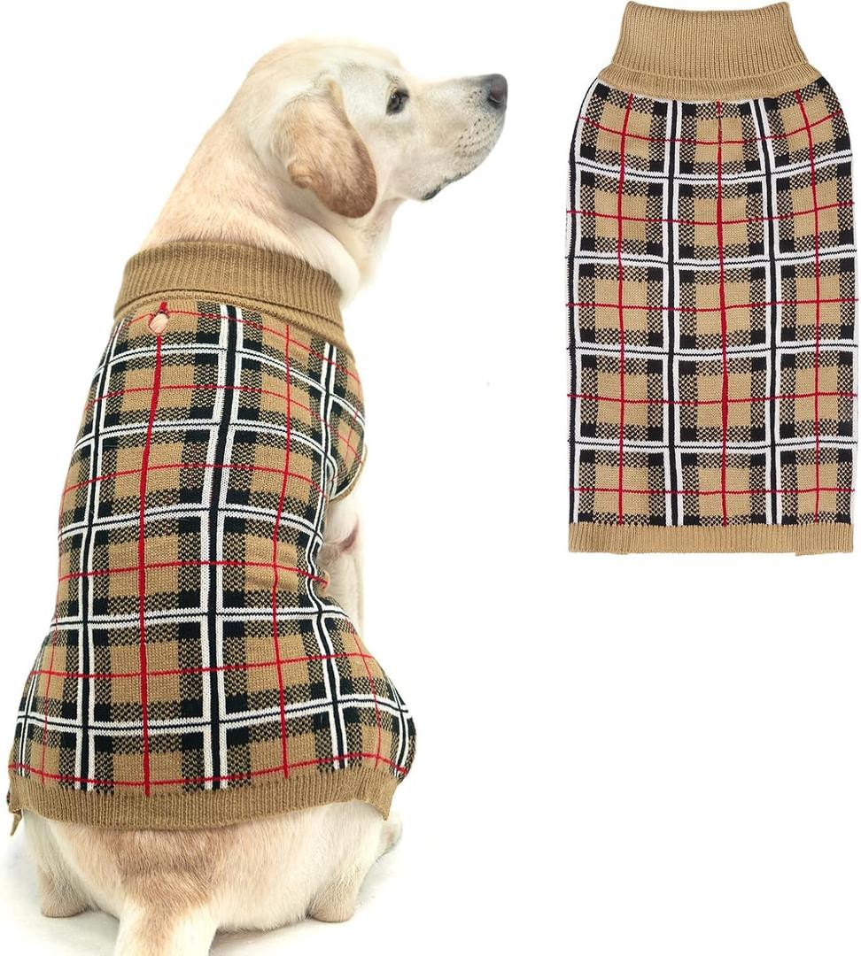 PUPTECK Dog Sweaters for Large Medium Small Dogs - Fall Classic Plaid Style Puppy Holiday Winter Coat Clothes Warm (M/L - Chest 25", Back 18", Cream)