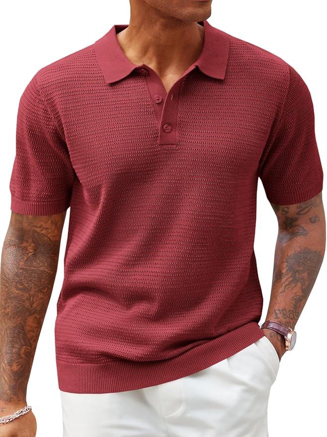 Runcati Mens Knit Polo Shirts Short Sleeve Casual Hollow Out Shirt Texture Classic Golf Polo, Size L