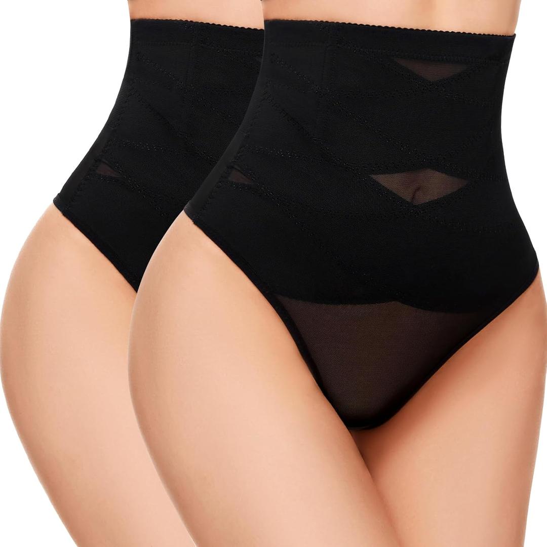 SIMIYA Thong Shapewear Tummy Control for Women High Waist Stay-Put Body Shaper Girdle Compression Stomach Shapewear Thong (Medium, #05-2pcs Black-high Waisted)