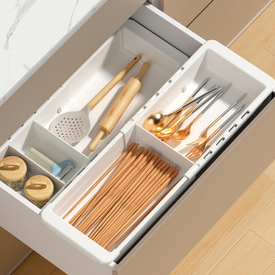 EooUooIP Sliding Drawer Tray with Adjustable Dividers, Expandable Kitchen Storage Organizer, Sliding Drawer Bin, Expandable Drawer Organizer, 2 PCS Drawer Organizer Trays For Utensils, Flatware, Junks