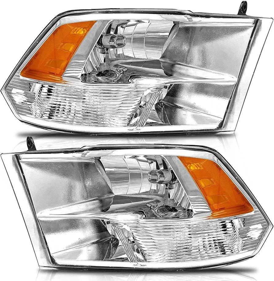for 2009-2018 Dodge Ram 1500 2010 2011 2012 2013 2014 2015 2016 2017 2018 Dodge Ram 2500/3500 Pickup Headlight Assembly Clear Lens Chrome Housing & Amber Reflector Headlamp Replacement L+R