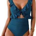 Eomenie One Piece Swimsuit for Women Tummy Control Ruffle Bathing Suit V Neck Ruched Swim Suit Slimming Cutout Swimwear (Medium, Peacock Blue)