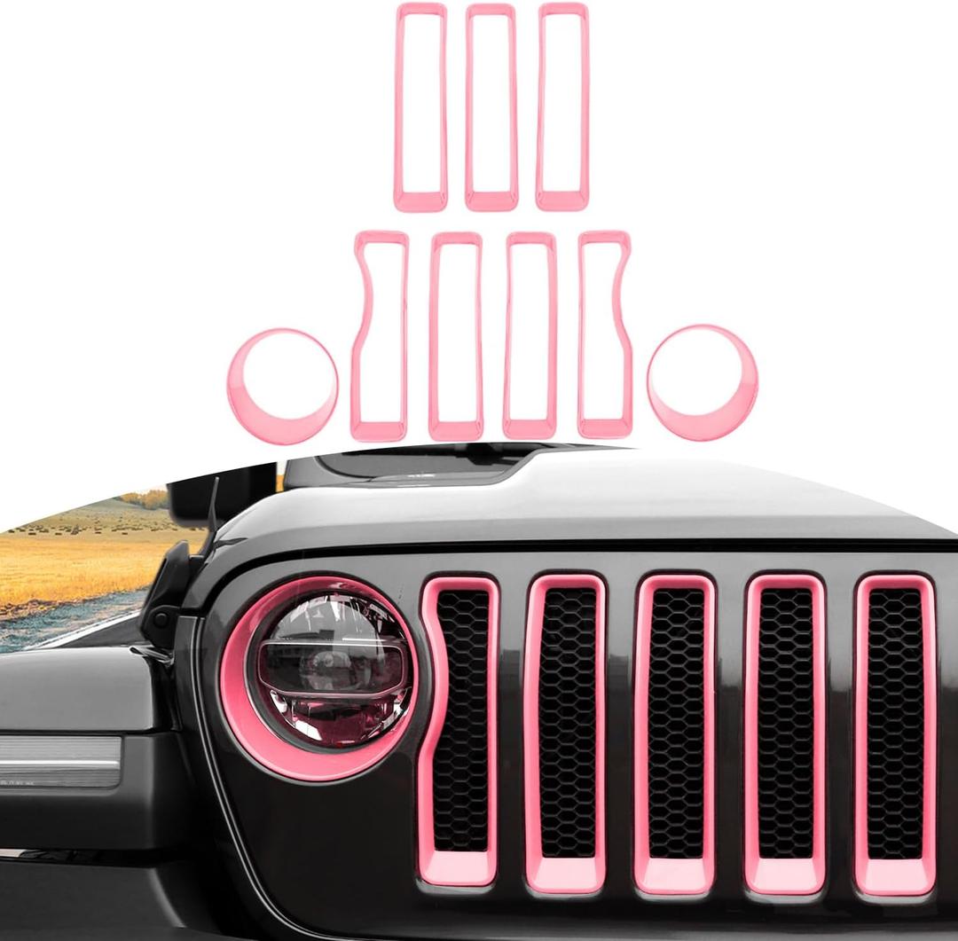 RT-TCZ for Wrangler JL Mesh Front Grille Grill Insert Headlight Light Cover Trim for Jeep Wrangler JL JLU 2018-2022 Pink Exterior Accessories 9pcs