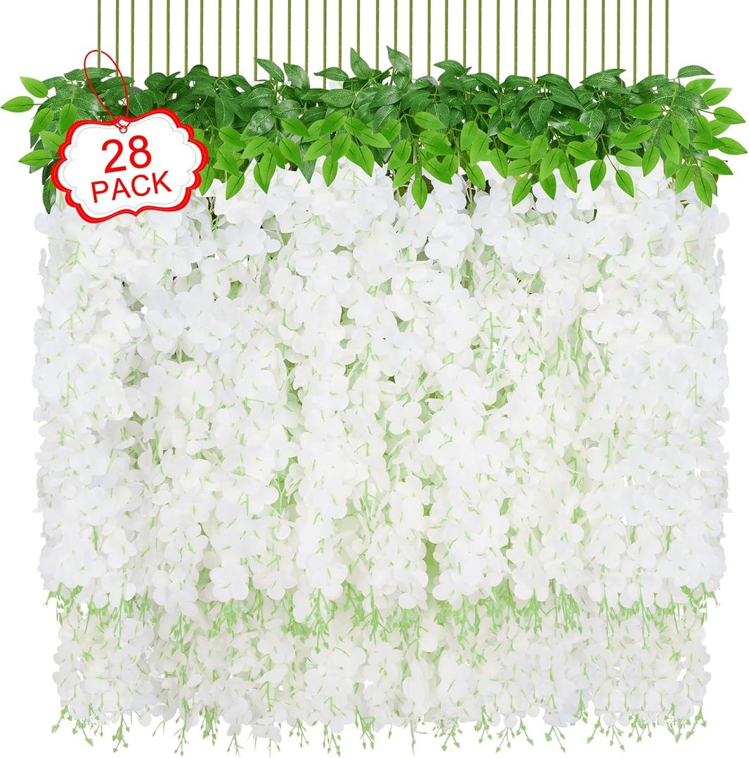 Yastouay 28 Pack Wisteria Hanging Flowers, 3.77 Ft/Pcs Artificial Hanging Flowers, White Fake Wisteria for Wedding Party Backdrop Wall Home Decoration, White